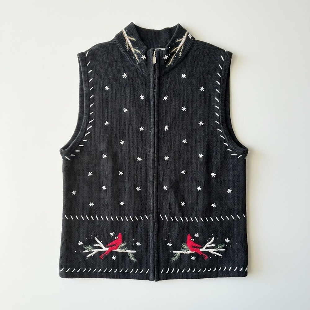 Christopher & Banks 2007 Cardinal Embroidered Black Christmas Zip Sweater Vest M